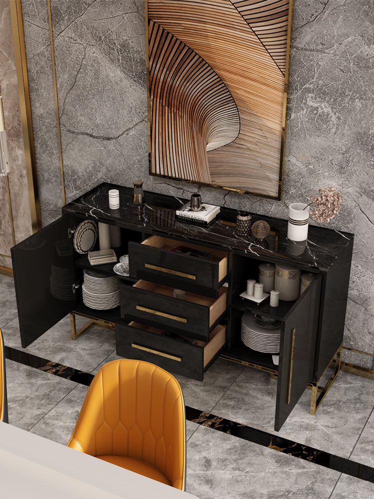 Black buffet shop with marble top