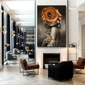 'GIRL AND ORANGE FLOWER' Gold Frame Canvas Wall Art