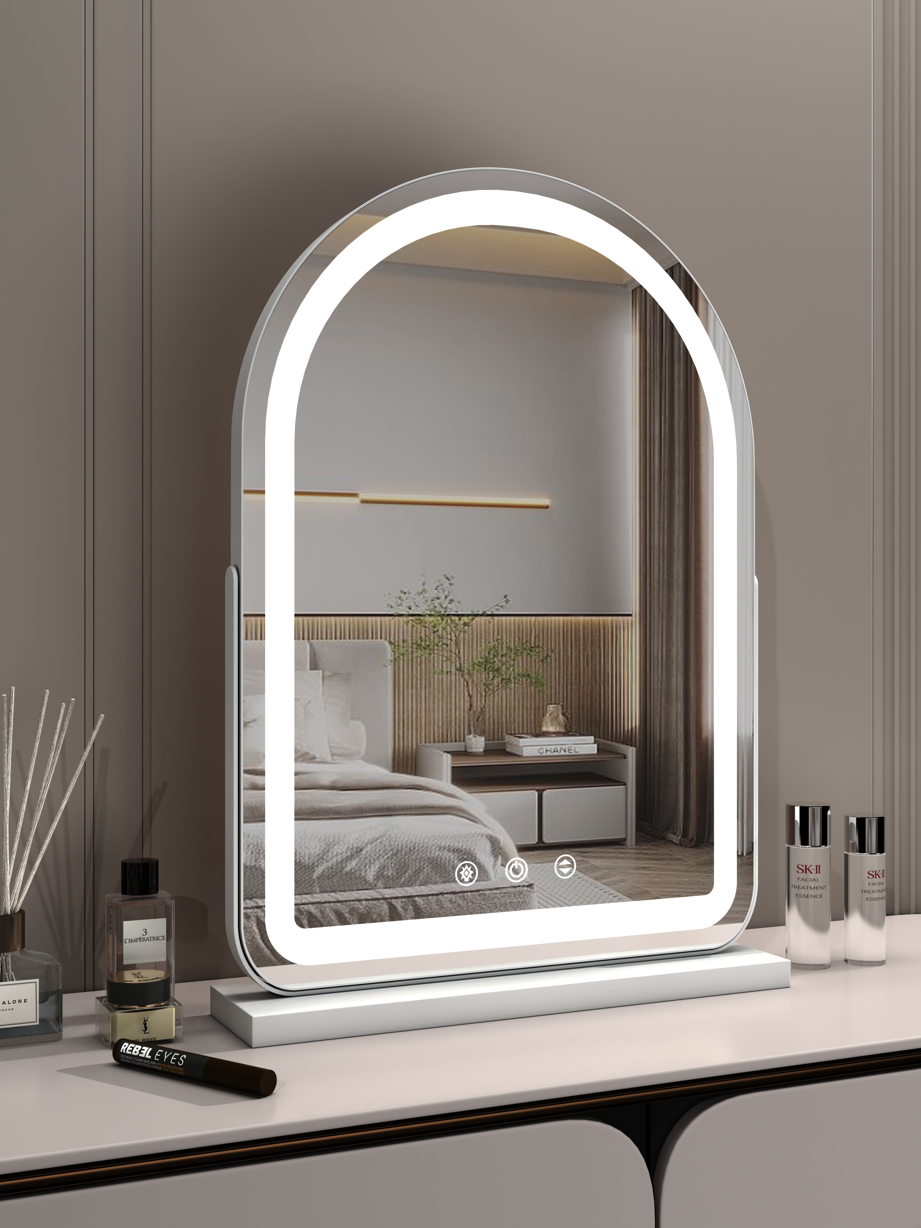 Glass vanity deals mirror with lights