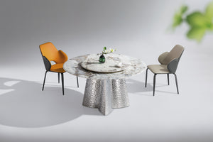'CLOVER' Supercrystalline Marble Round Dining Table with Lazy Susan - Ripple Finish Base