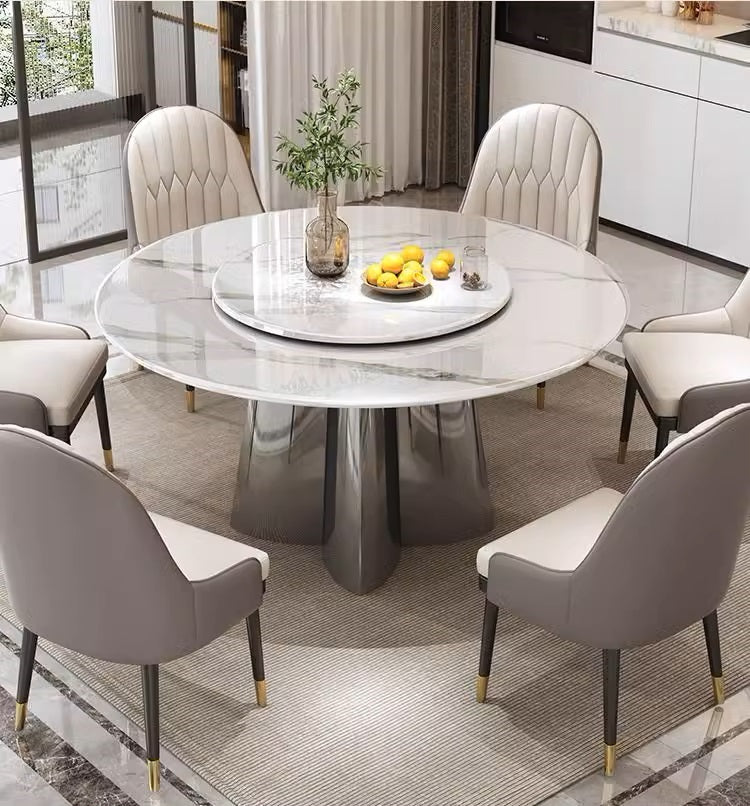 'CLOVER' Supercrystalline Marble Round Dining Table with Lazy Susan Mirror Finish Base