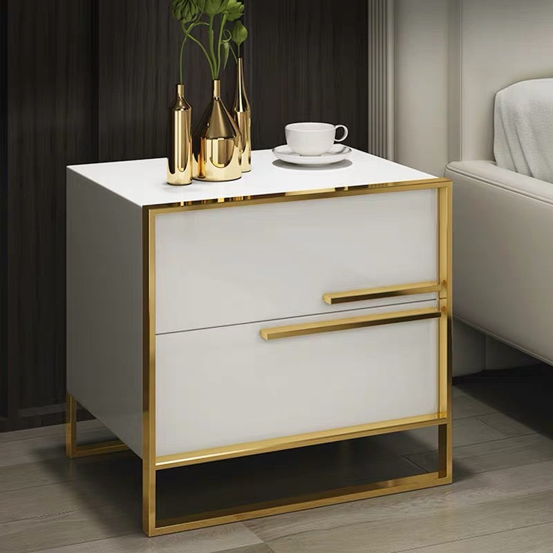 'BIANCA' High Gloss Gold Trim Bedside Table Nightstand Side Table