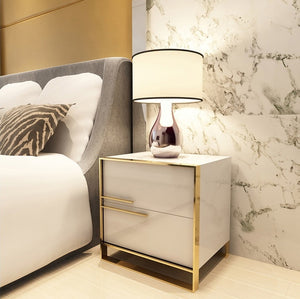 'BIANCA' High Gloss Gold Trim Bedside Table Nightstand Side Table