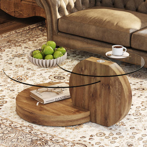 'MINORI' Double Layer Clear Tempered Glass Dark Wood Grain Coffee Table