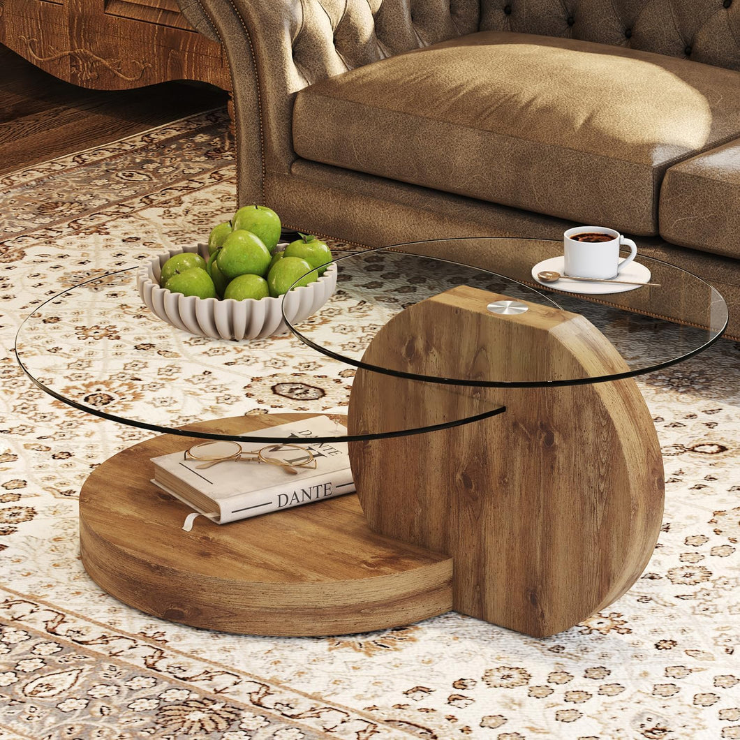 'MINORI' Double Layer Clear Tempered Glass Dark Wood Grain Coffee Table