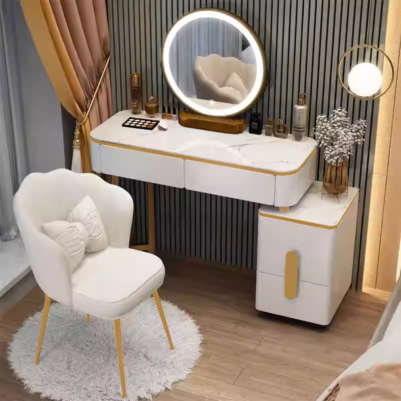 'THALIA' Vanity Dressing Table with LED Makeup Mirror and Chair - Stone Effect Top