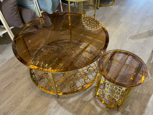 'CYRUS' Gold Frame Tinted Brown Glass Lamp Table