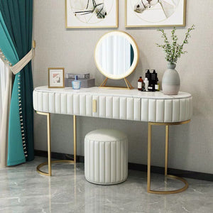 'BIANCA' Marble Vanity Dressing Table with LED Makeup Mirror and Stool - Cream