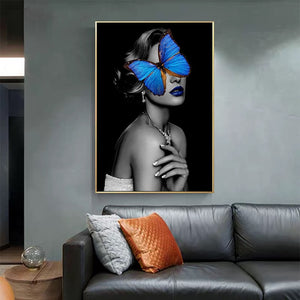 'GIRL AND BLUE BUTTERFLY' Gold Frame Canvas Wall Art