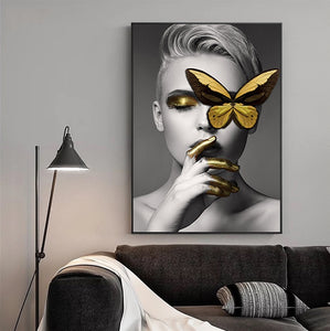 'GIRL AND GOLD BUTTERFLY' Gold Frame Canvas Wall Art