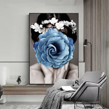 'GIRL AND BLUE FLOWER' Gold Frame Canvas Wall Art