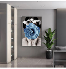 'GIRL AND BLUE FLOWER' Gold Frame Canvas Wall Art