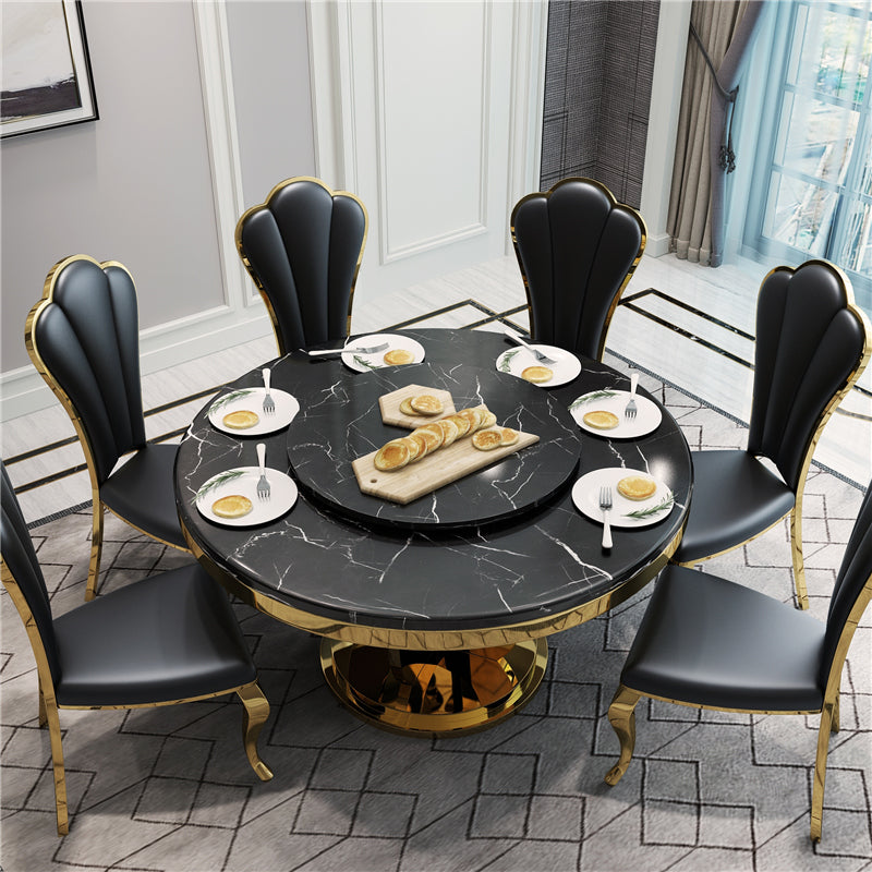 'LOTUS' Gold Stainless Steel Base Round Marble Dining Table with Lazy ...