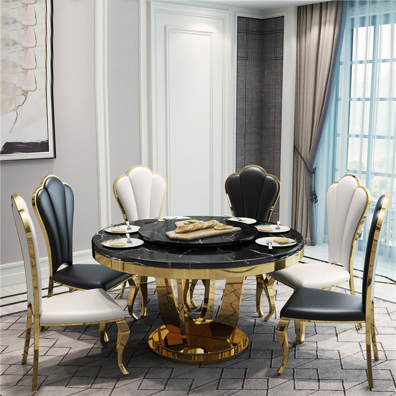 'LOTUS' Gold Stainless Steel Base Round Marble Dining Table with Lazy ...